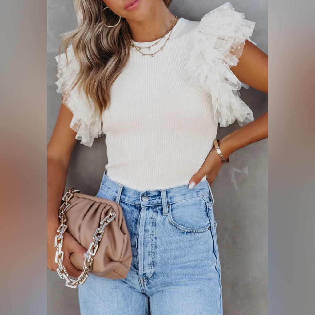 Dotted Mesh Ruffle Top